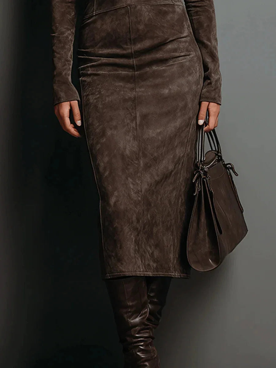 High Neck Long Sleeve Suede Midi Dress - NuaVibe