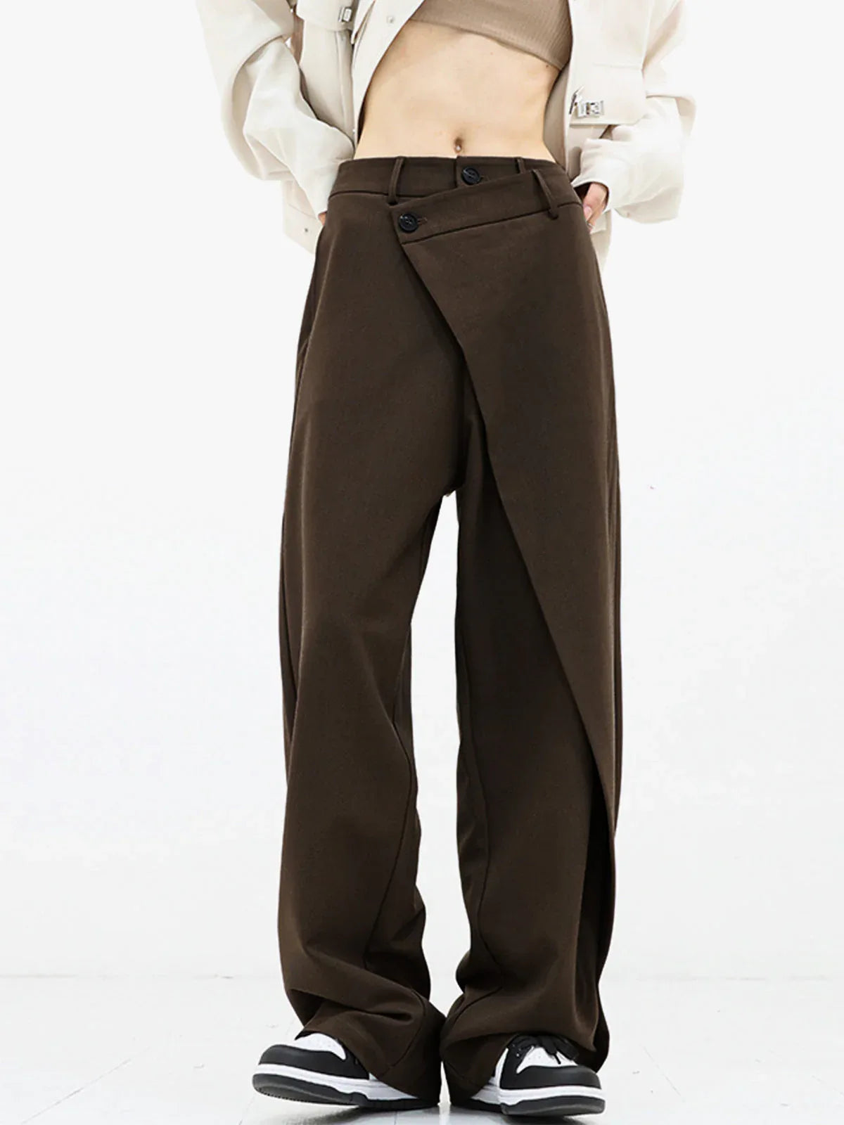 Asymmetrical Layer Button Baggy Wide Leg Pants - NuaVibe
