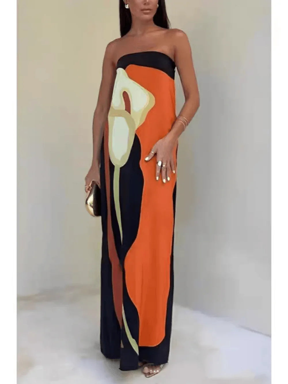 Strapless Color Block Printed Maxi Party Dress - NuaVibe