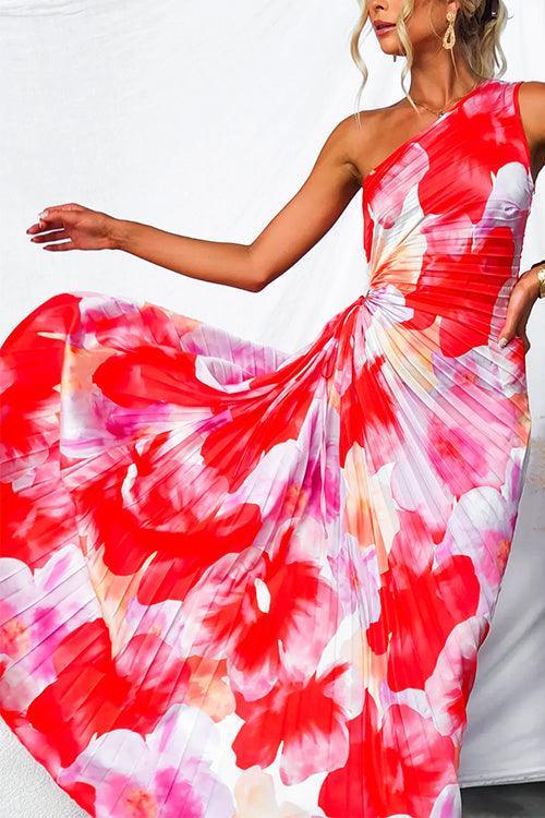 One Shoulder Sleeveless Print Asymmetric Maxi Pleated Dress - NuaVibe
