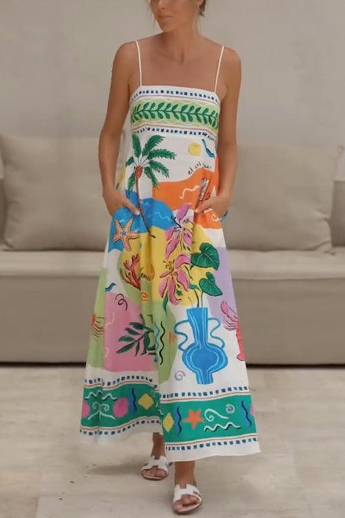 Spaghetti Strap High Waist Tropic Print Maxi Holiday Dress - NuaVibe