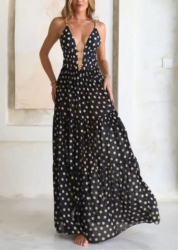 Black and Gold Polka Dots V-neck One Piece Swimsuit and Skirt - NuaVibe