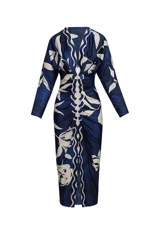 Unique Print Dolman Long Sleeve Ruched Slit Midi Dress - NuaVibe