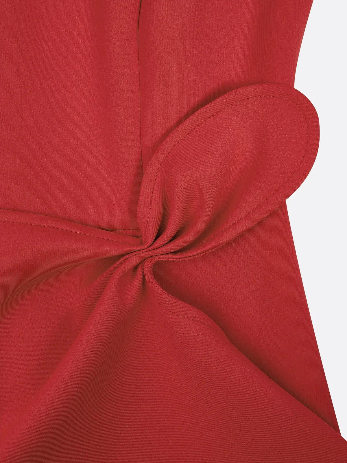 Red Sleeveless Midi Elegant A-line Dress with Waist Twist for Day-to-Night - NuaVibe