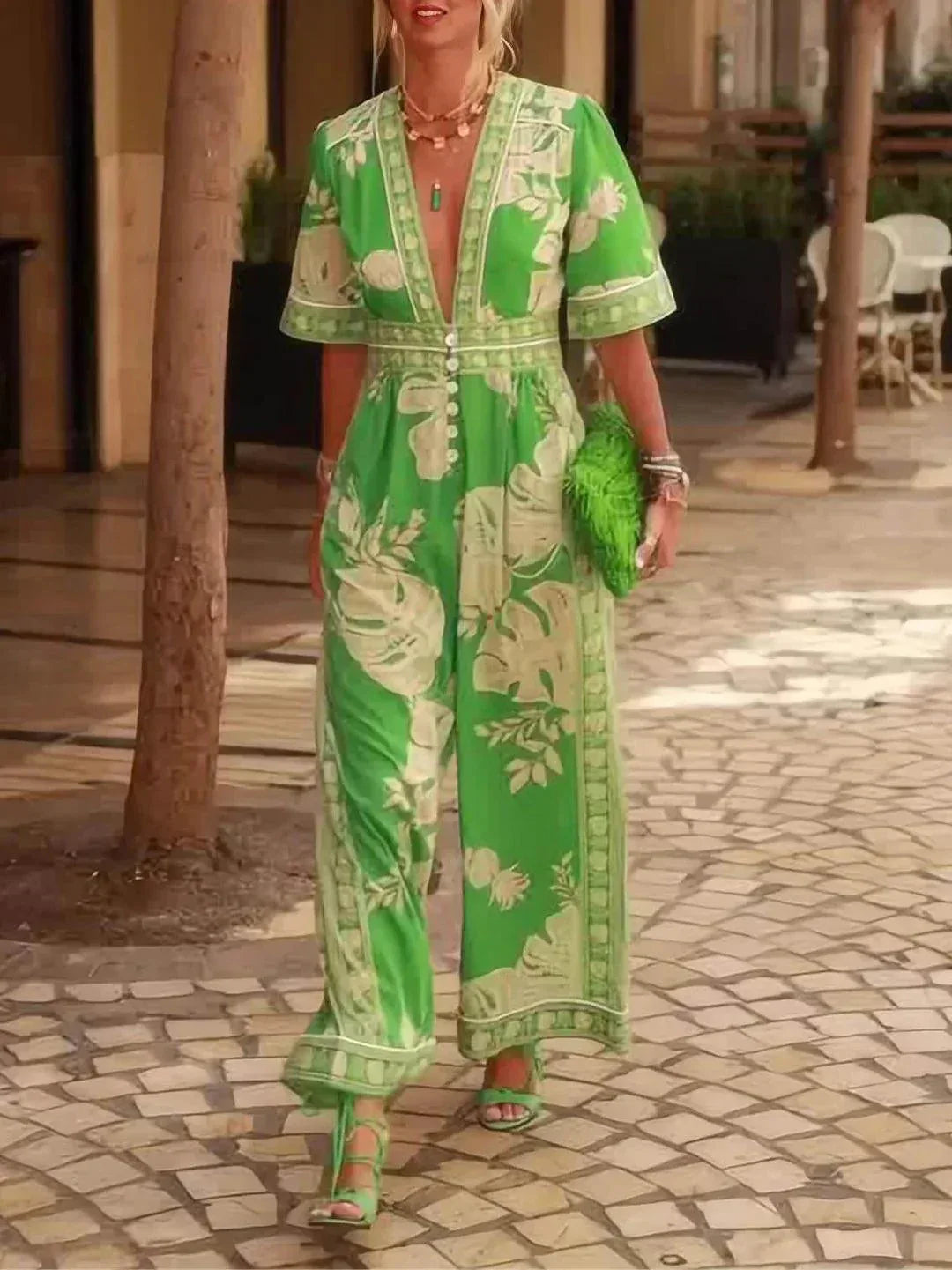 Fresh Holiday Floral Print V-Neck Short Sleeve Jumpsuit - NuaVibe