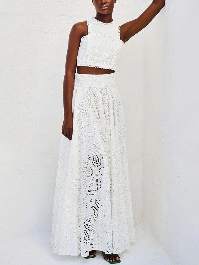 Exquisite embroidered hollow lace long A-line skirt - NuaVibe
