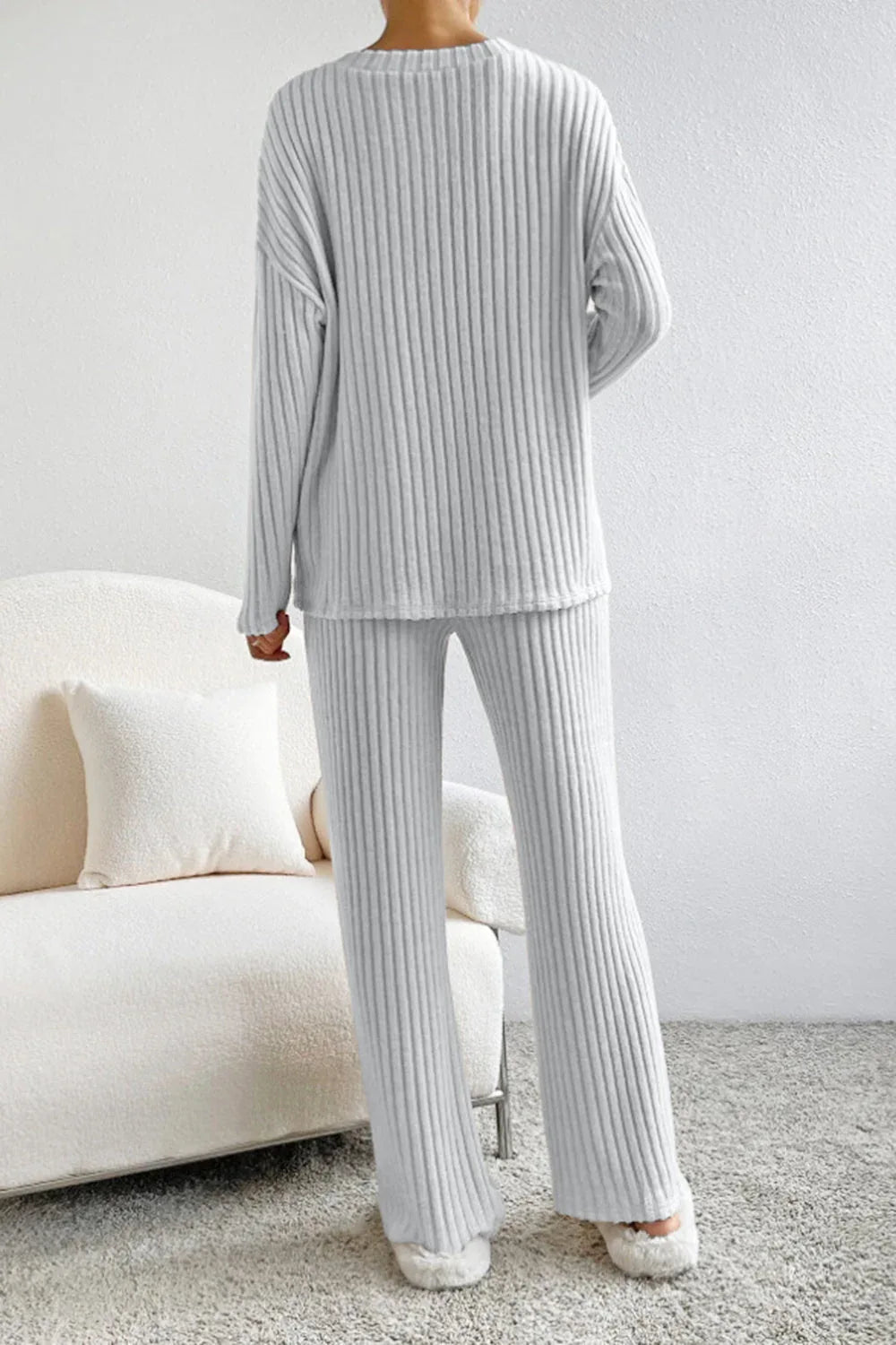 Ribbed V-Neck Top and Pants Set - NuaVibe