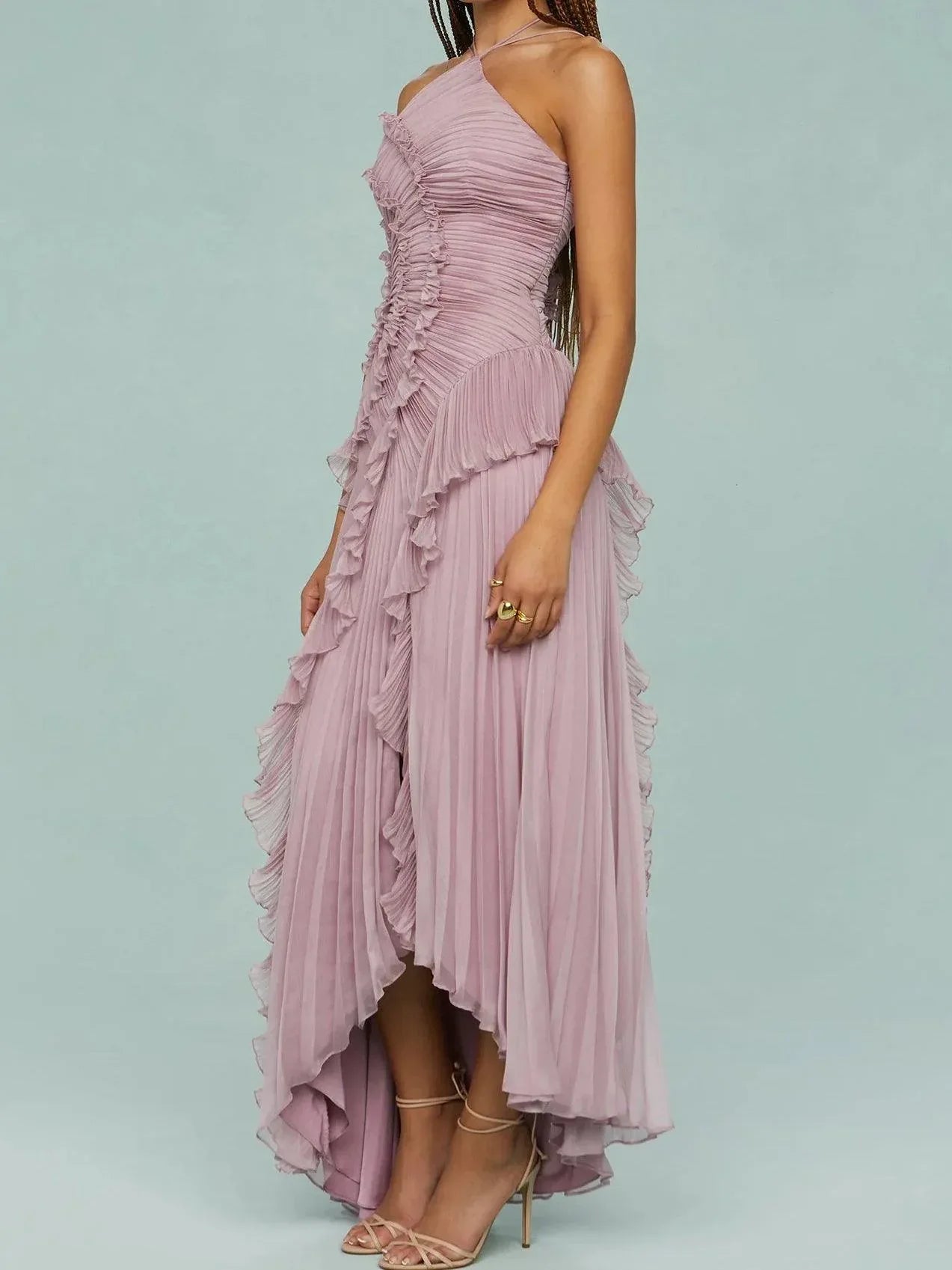 Pleated Suspender Long Dress With Slits - NuaVibe