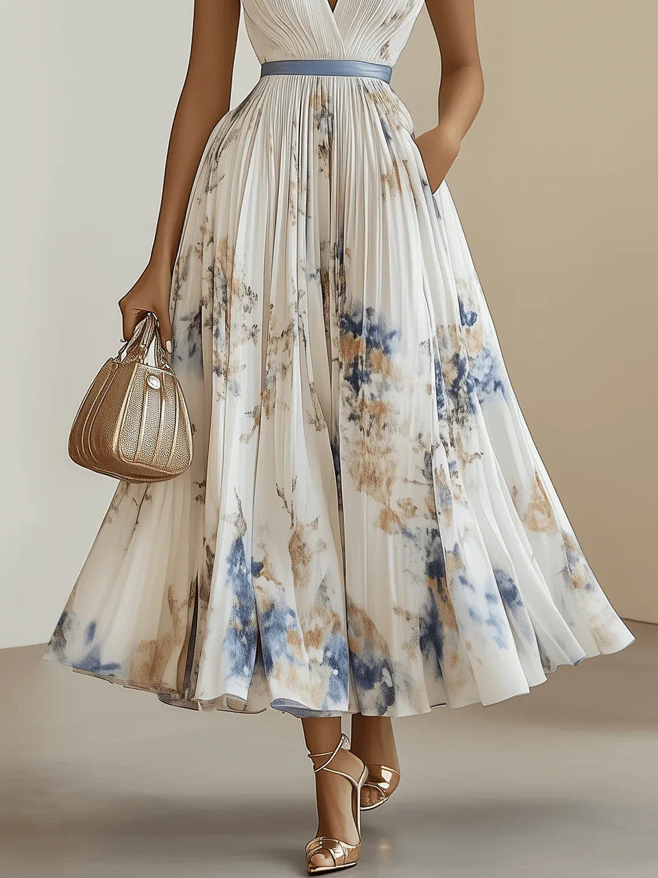Spring New White Pleated Floral Chiffon V Neck Sleeveless A-Line Midi Dress - NuaVibe