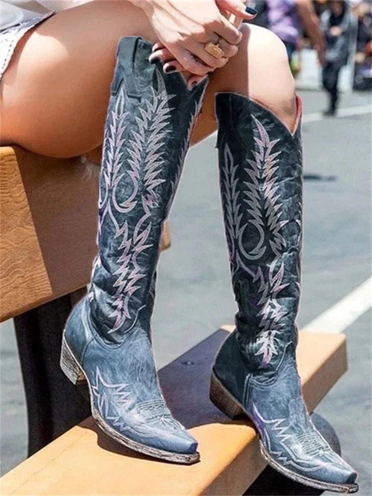 Vintage Western Cowboy Embroidered Knee-High Boots - NuaVibe
