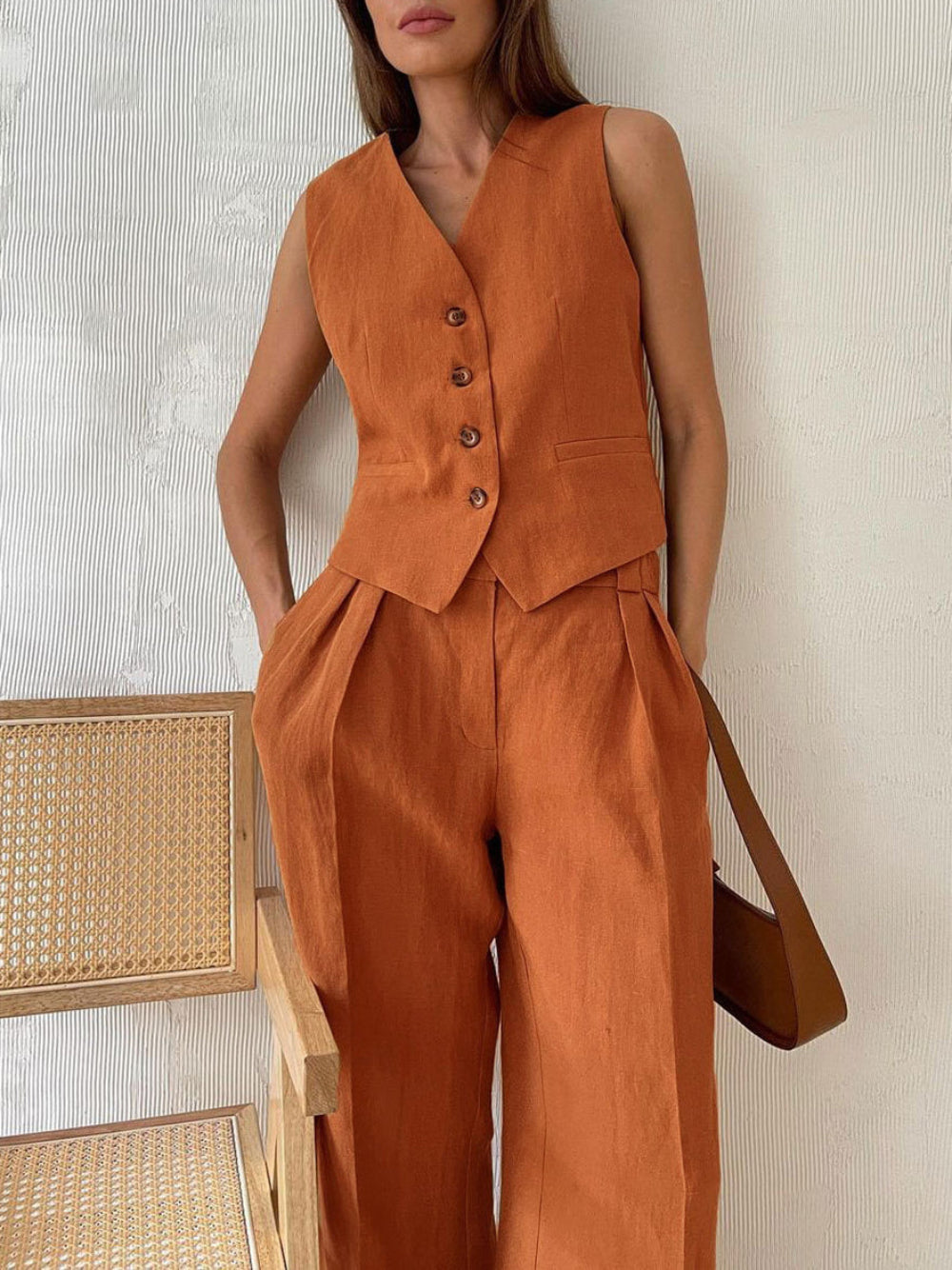 Classic V-neck Pleated Cotton and Linen Wide-leg Pants Suit