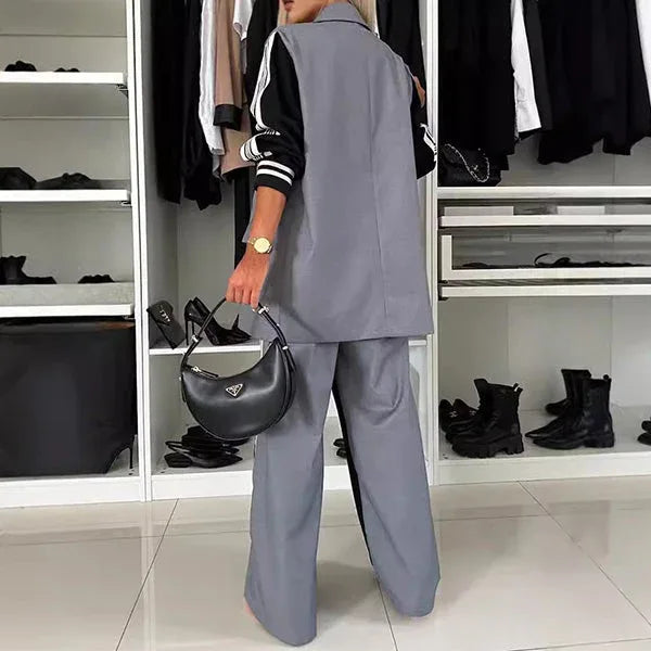 Casual Patchwork Double-Breasted Blazer & Pants Two-Piece Set - NuaVibe