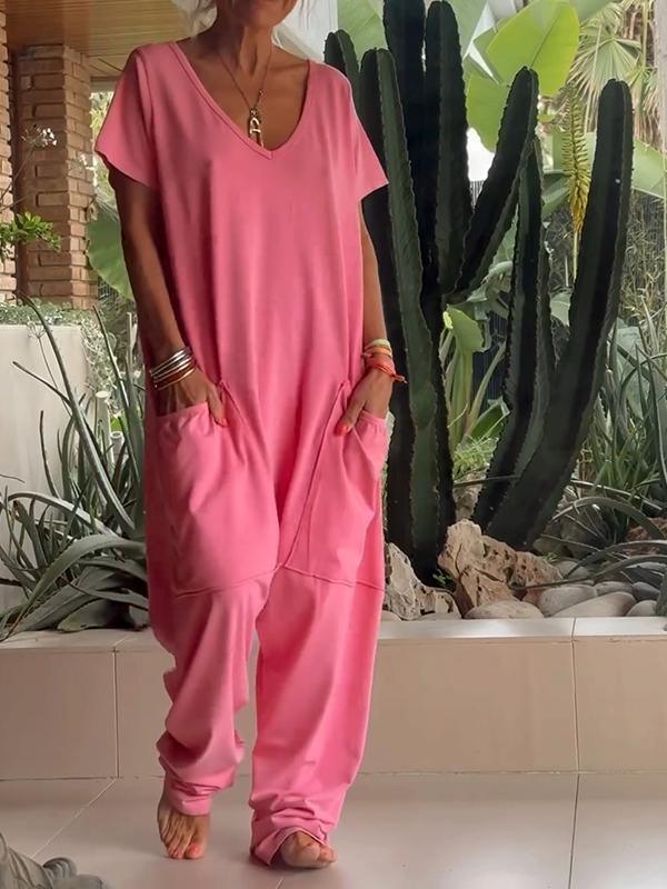 Casual V-neck Solid Color Jumpsuit - NuaVibe