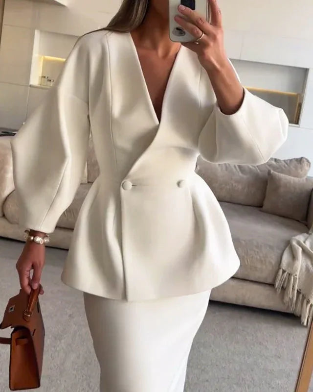 Fashion Solid Color V-Neck Top & Skirt Two-Piece Set - NuaVibe