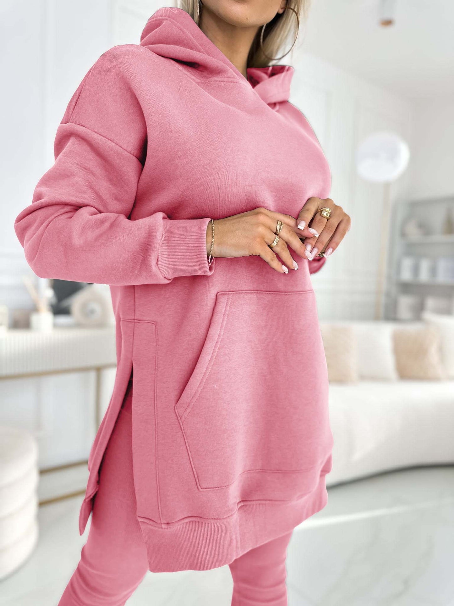 Fashion Solid Color Hoodie and Lined Leggings Two-piece Set