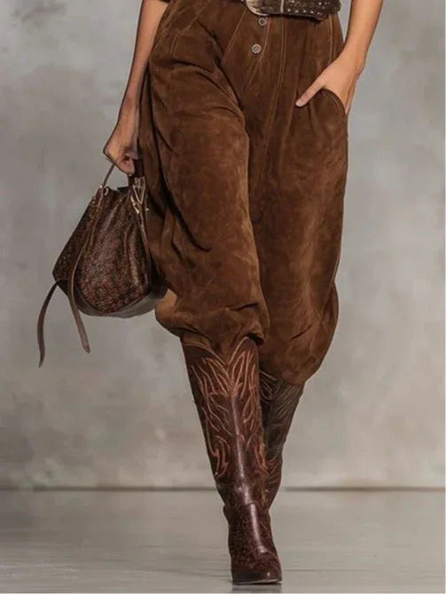 Brown suede jumpsuit with lapel and buttons(Includes belt) - NuaVibe