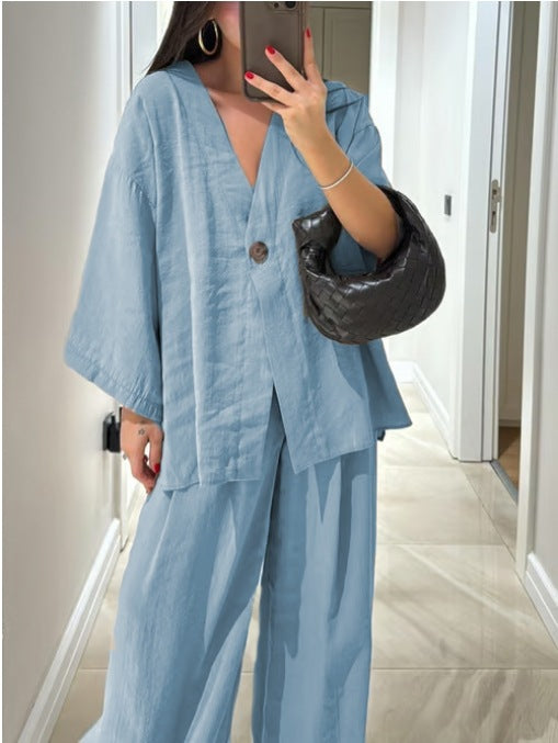 Casual V-Neck Top & Pants Two-Piece Set