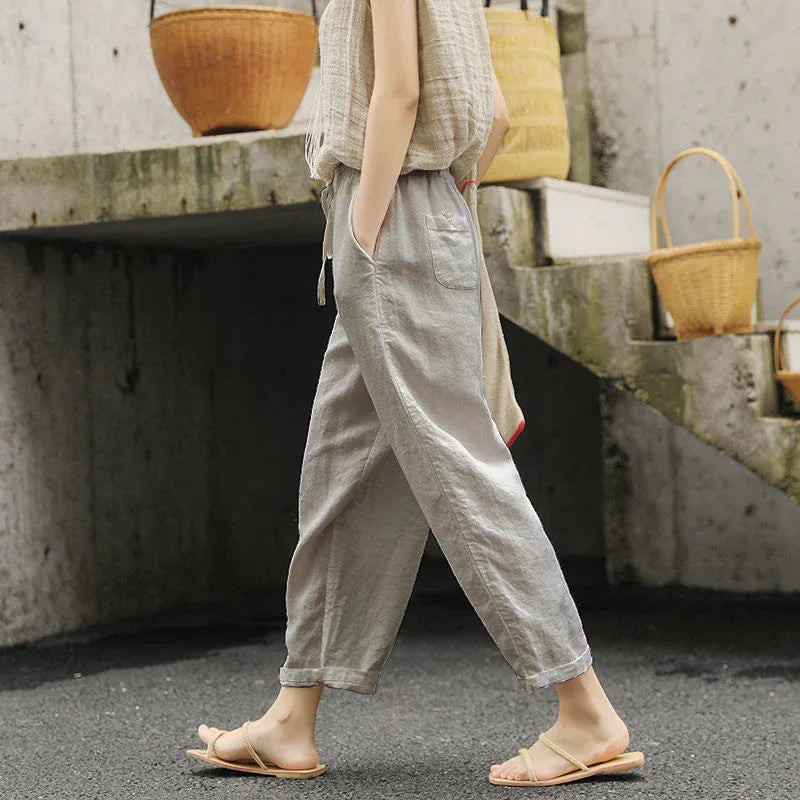 Solid Color Cotton Linen Lace Up Loose Casual Pants - NuaVibe