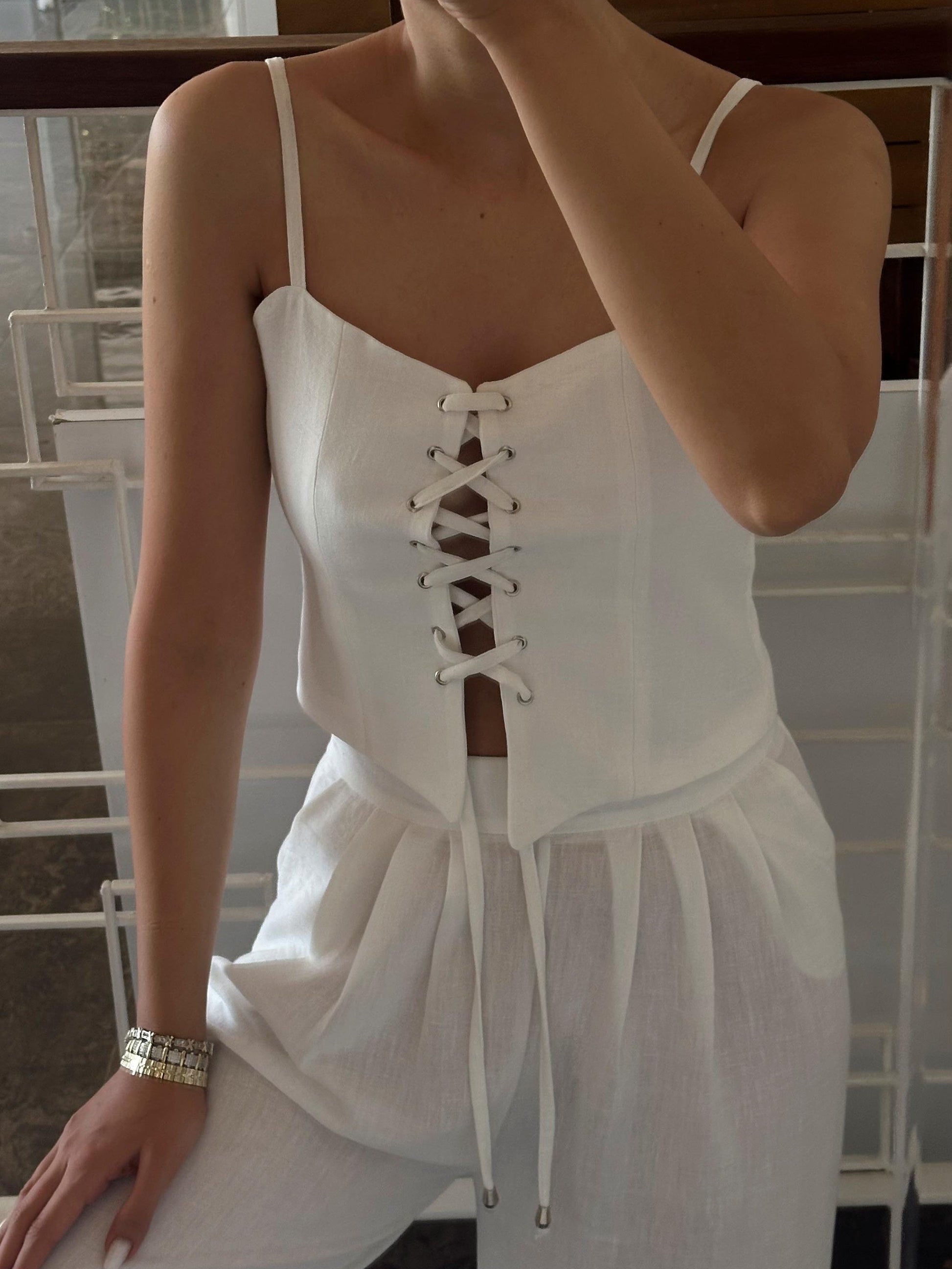 Linen Blend Tie Front Camisole Two-Piece Set