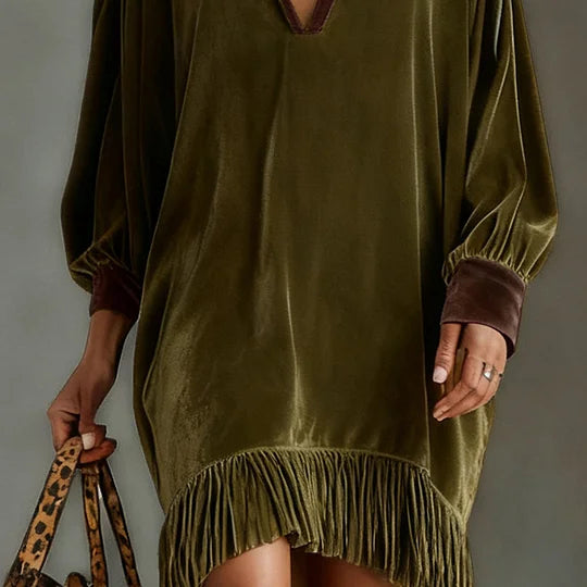 Retro Velvet Loose Casual V-neck Tassel Dress