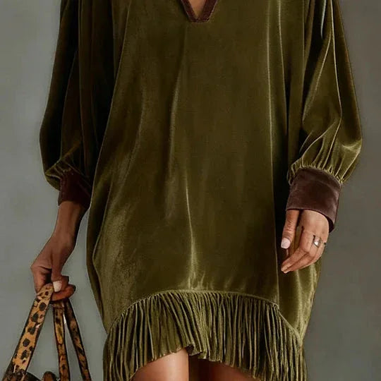 Retro Velvet Loose Casual V-neck Tassel Dress - NuaVibe