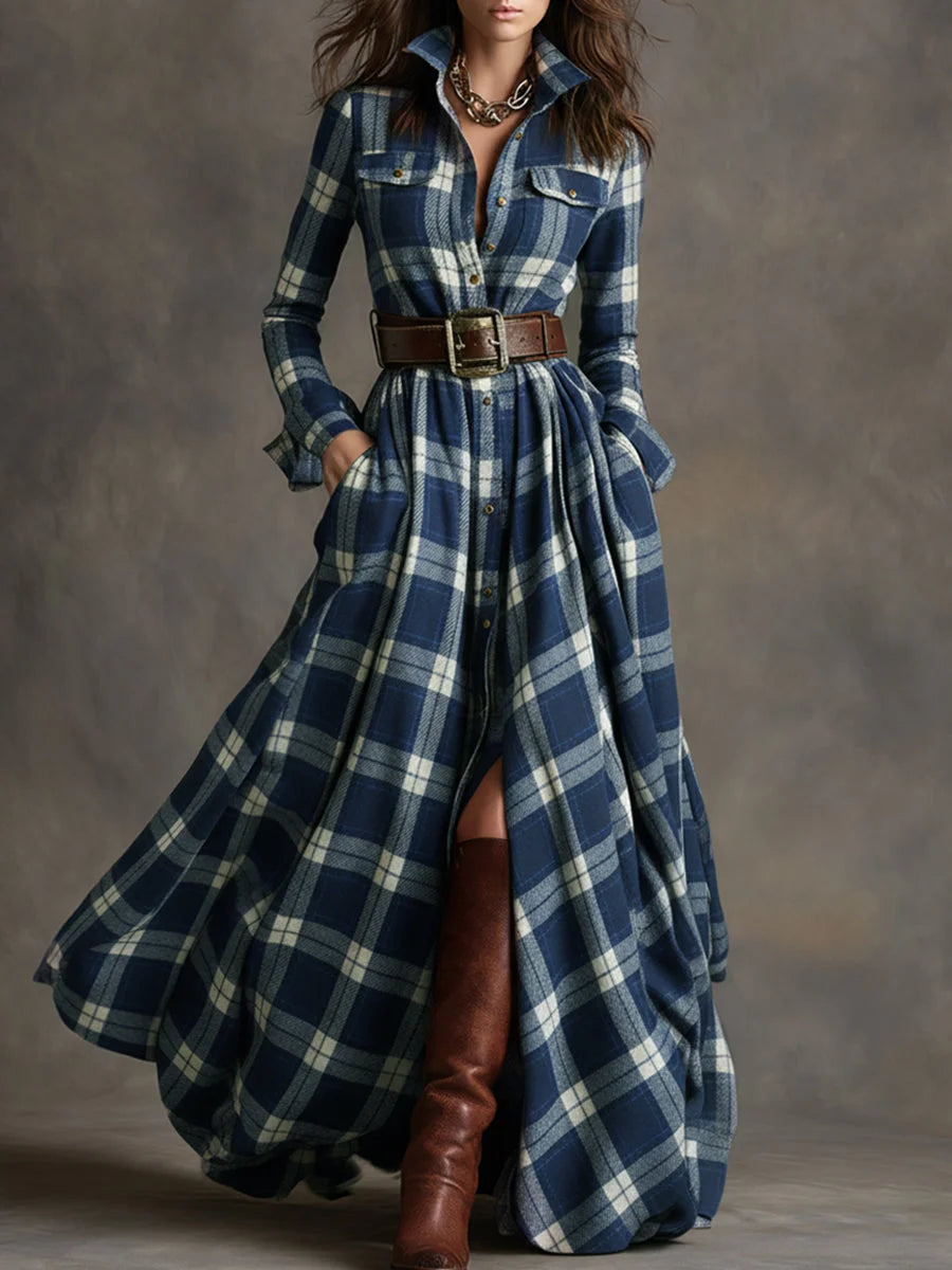 Retro lapel reddish brown plaid maxi dress