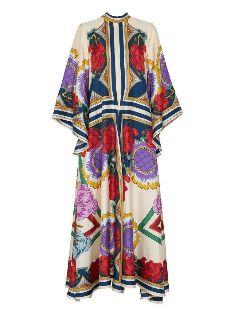 Exquisite Floral Print Draped Waterfall Sleeves Maxi Dress - NuaVibe