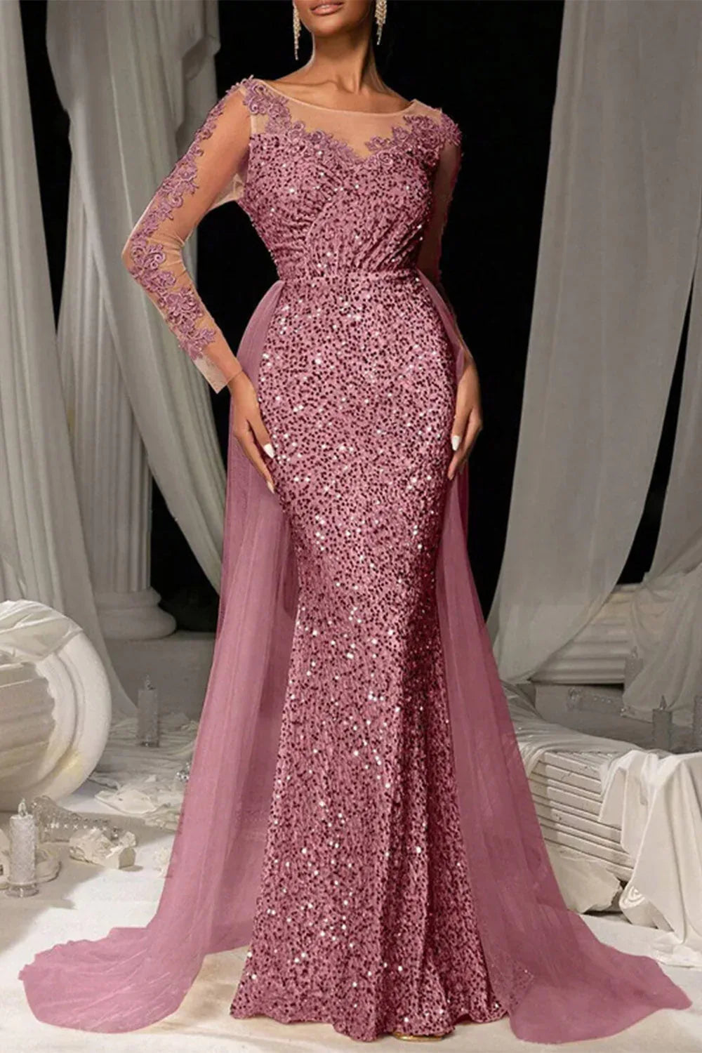 Evening Gown Dark Brown Sequined Lace Tulle Overskirt Mermaid Maxi Dress - NuaVibe
