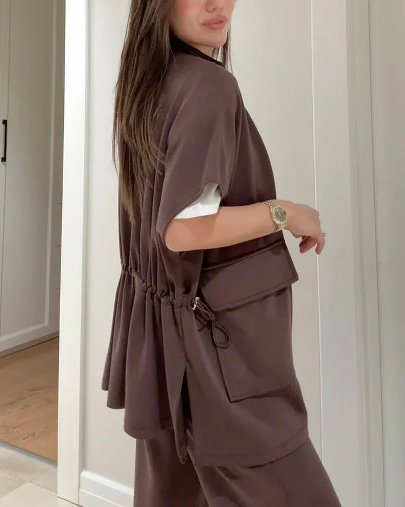 Casual Waist Stretch Detail Top & Pants Two-Piece Set - NuaVibe