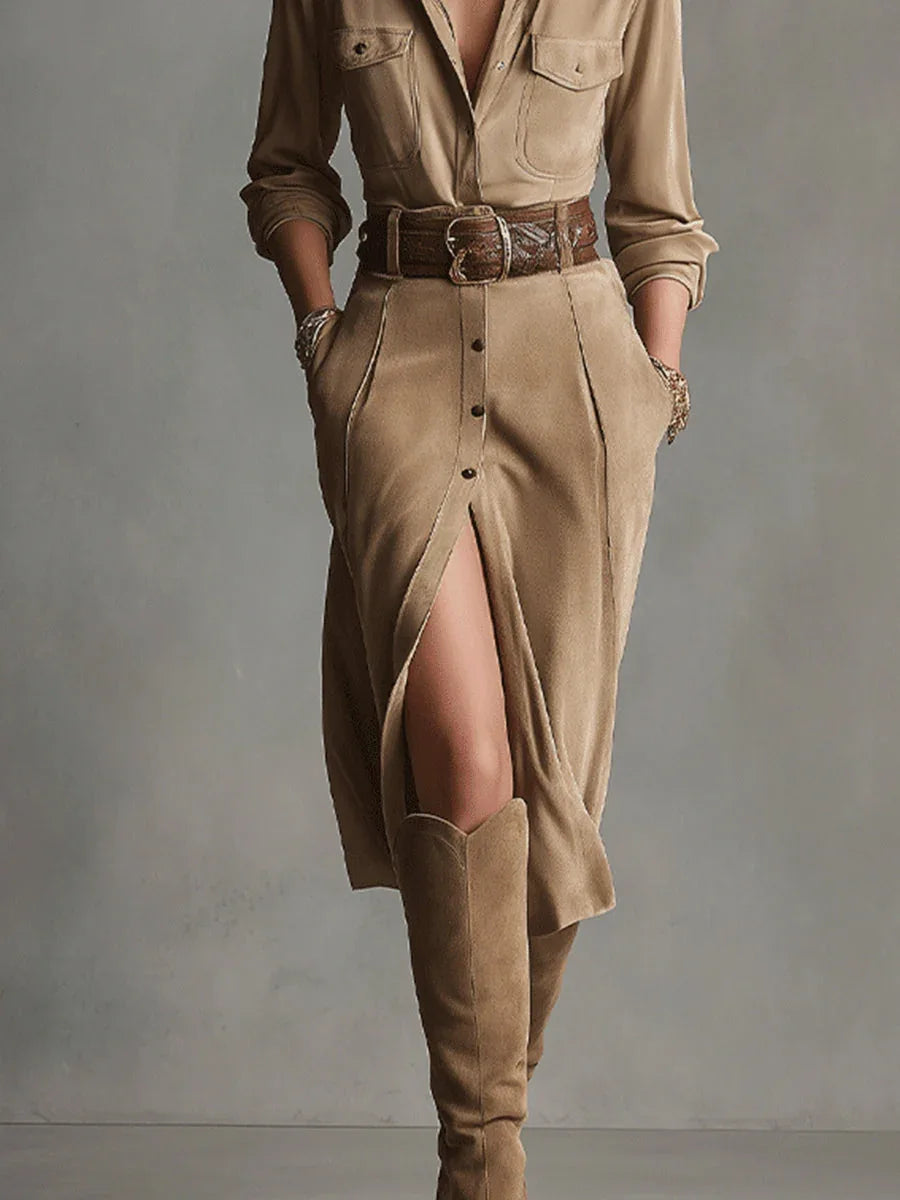 Women's Brown Fashion Suede Midi Dress - NuaVibe
