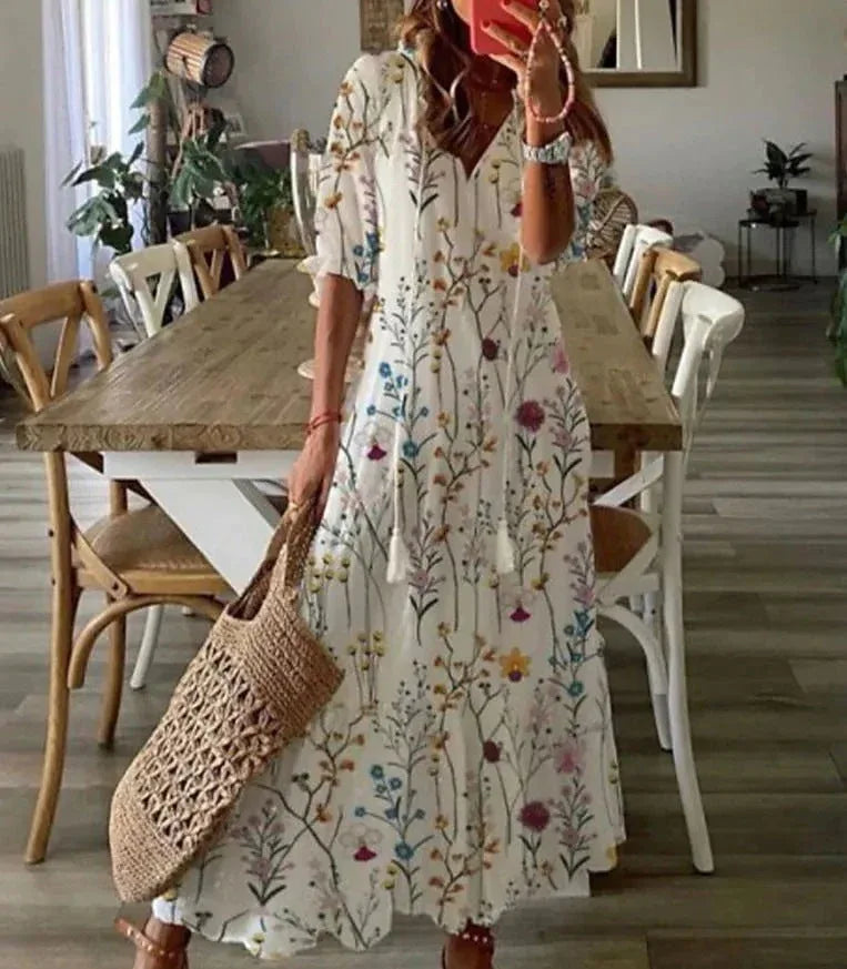 Casual Loose V-neck Printed Long Dress - NuaVibe