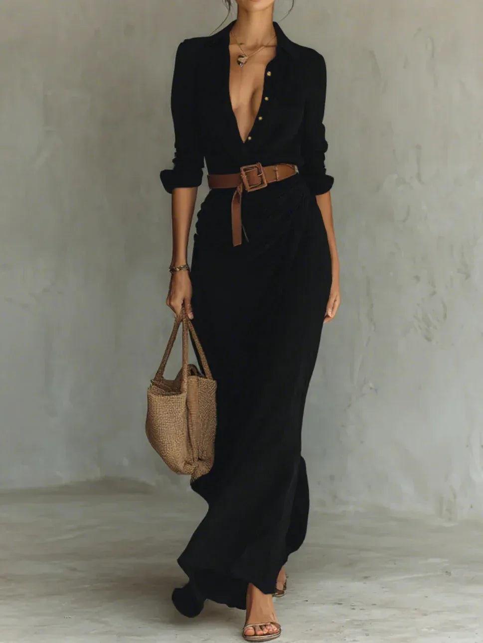 Ladies Lapel Long Sleeve Shirt Belted Maxi Dress - NuaVibe