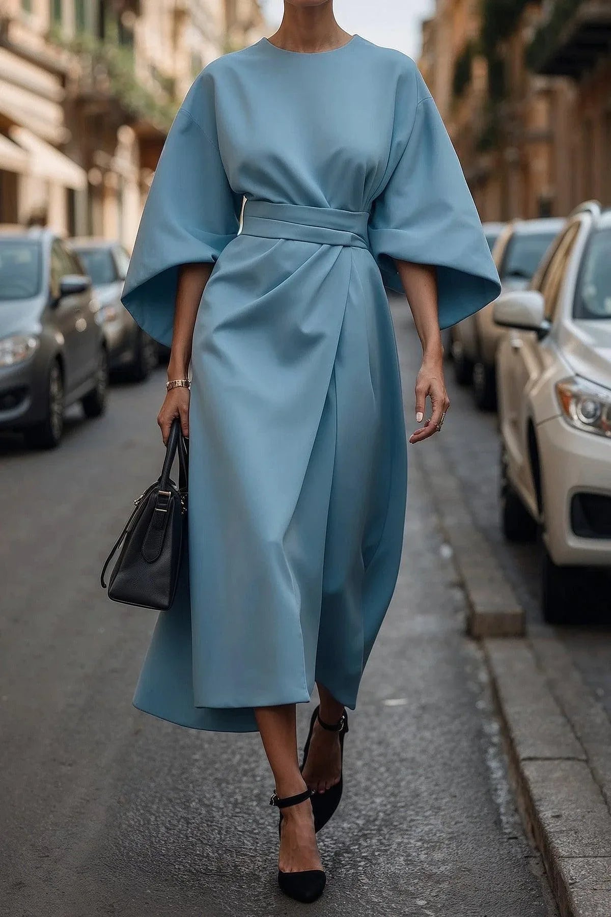 Elegant Solid Color Waist Dress - NuaVibe
