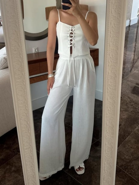 Linen Blend Tie Front Camisole Two-Piece Set