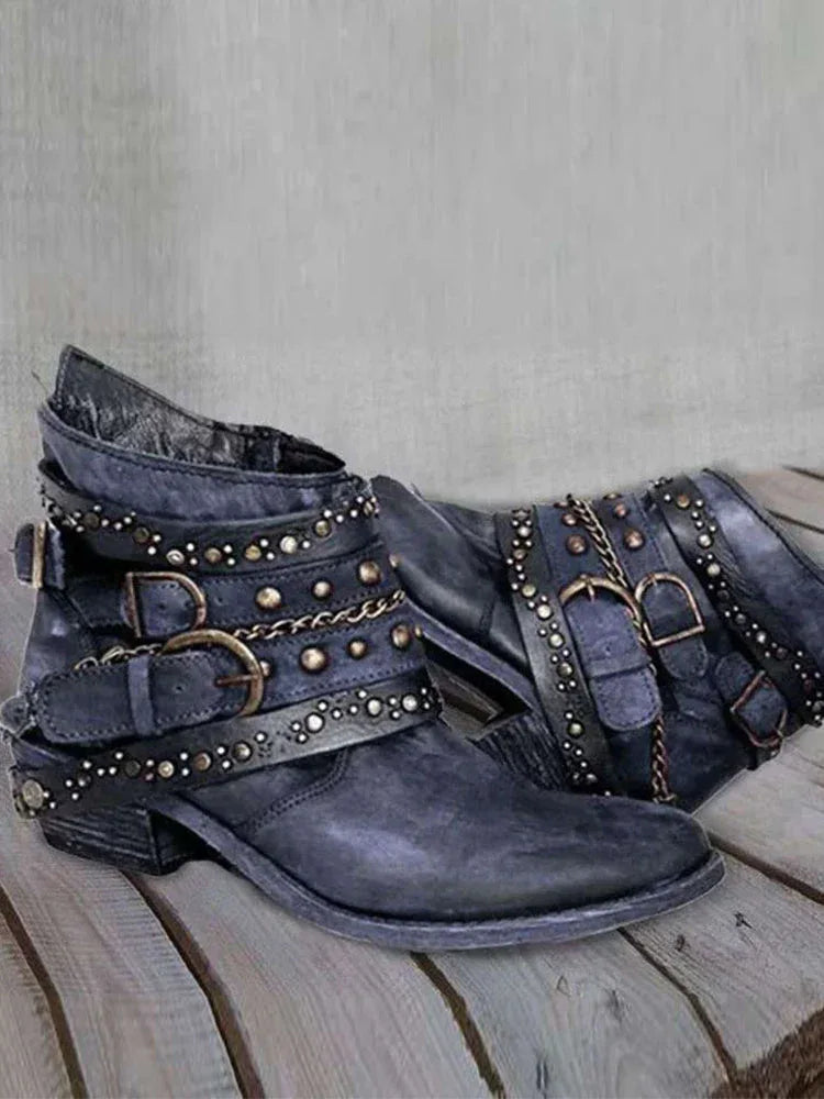 Vintage Washed Studded Buckles Ankle Boots - NuaVibe