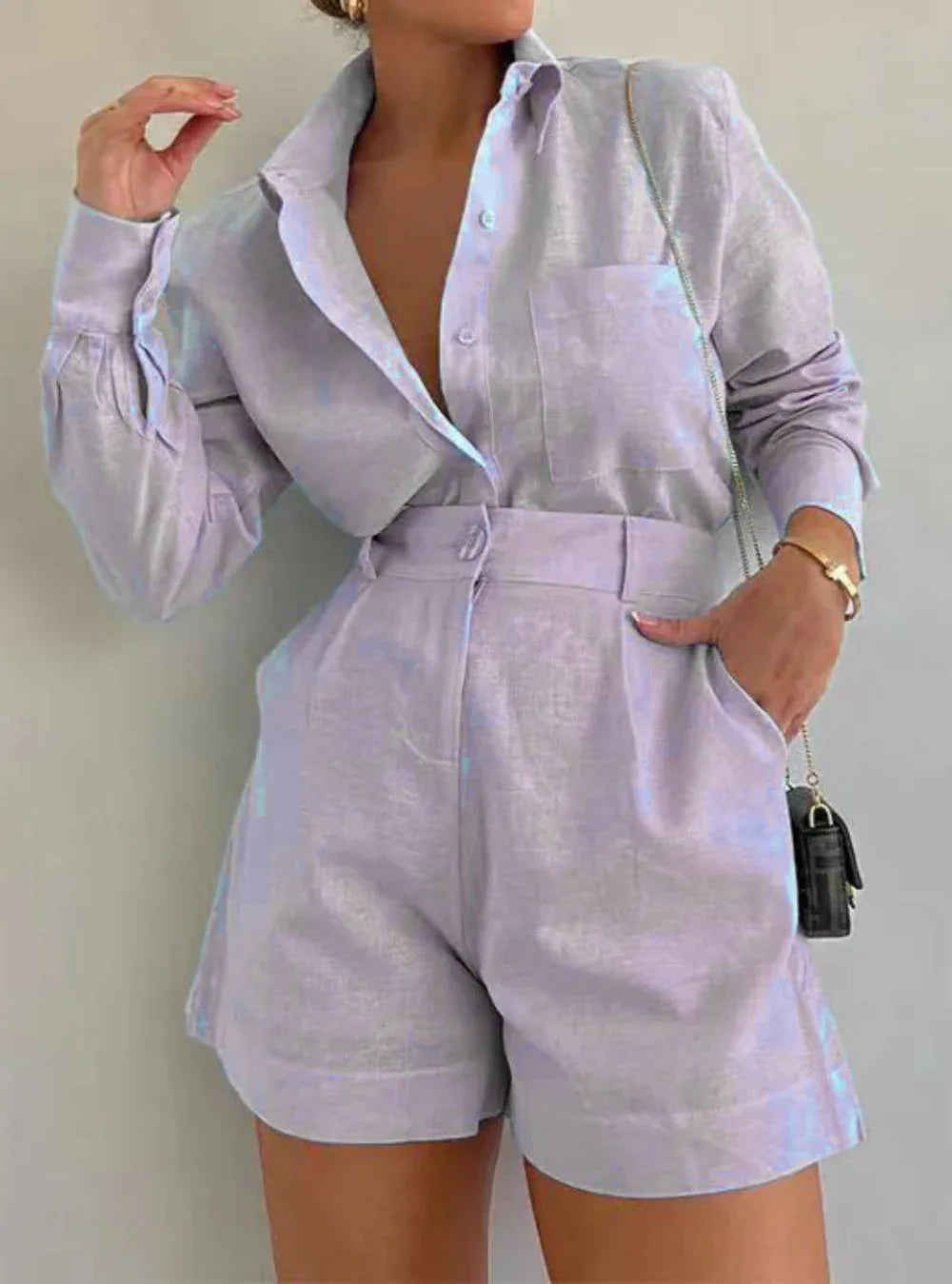 Cotton and Linen Long Sleeve Loose Shorts Set - NuaVibe