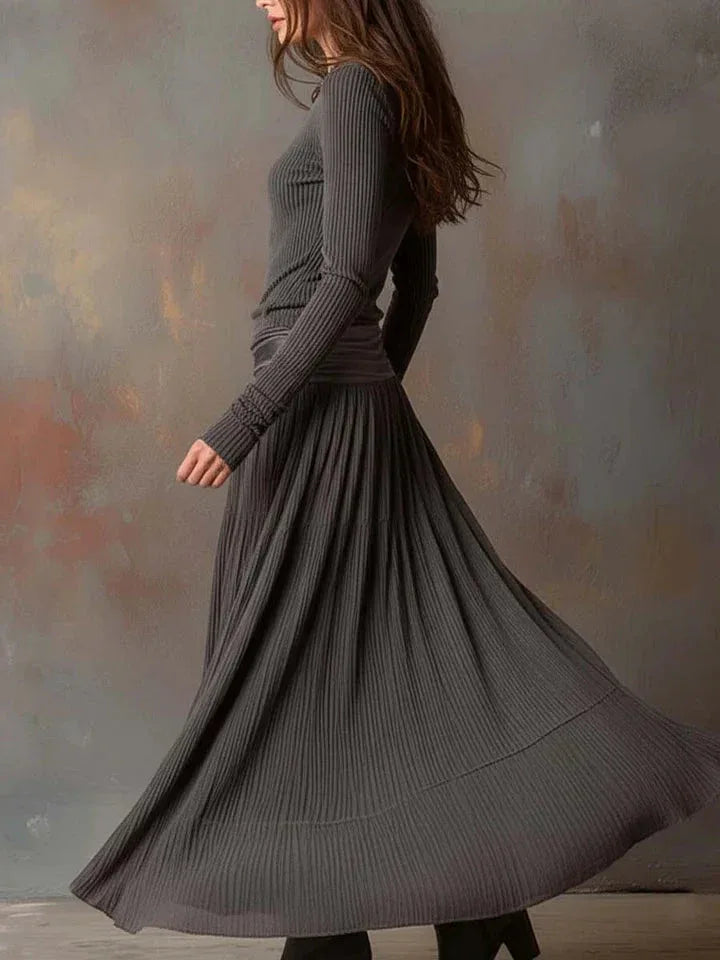 Retro grey ribbed stretch slim-fit dress - NuaVibe