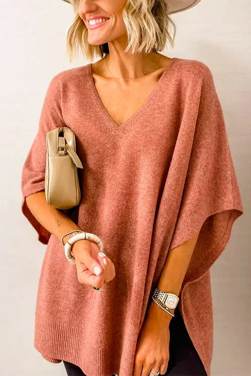 Chicest V Neck Loose Fit Solid Poncho Sweater - NuaVibe