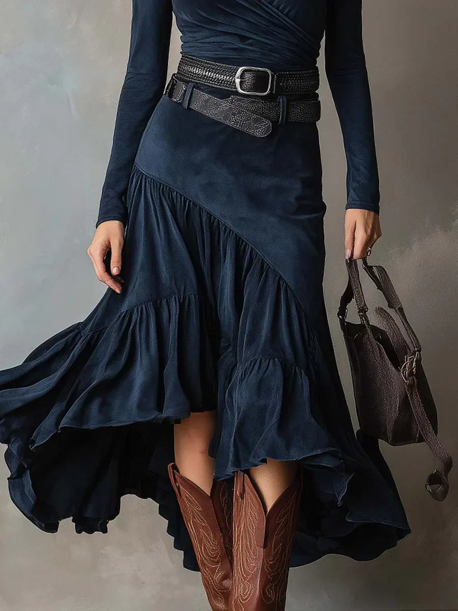Navy Blue Crossover V-neck Faux Suede Irregular Maxi Dress(with belt) - NuaVibe