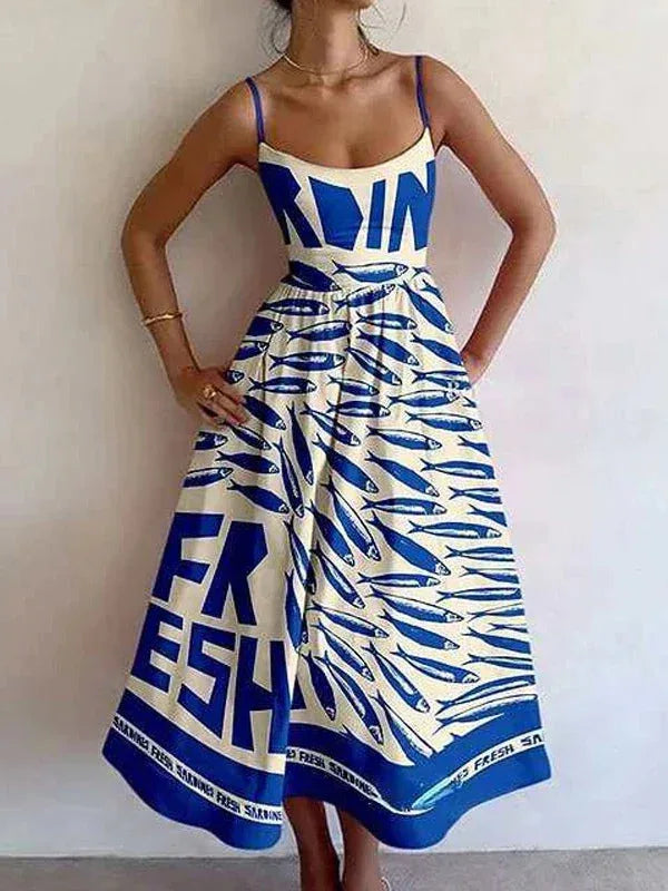 Vintage Sardine Print Suspender Dress - NuaVibe