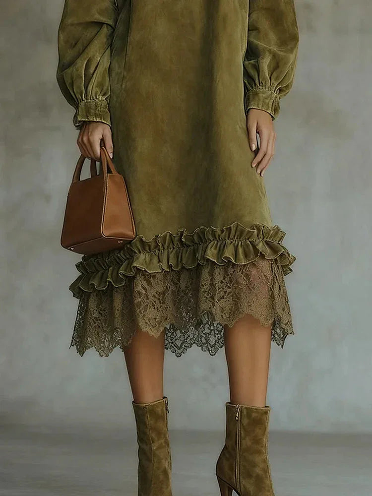 Olive green turtleneck suede lace hem midi dress - NuaVibe
