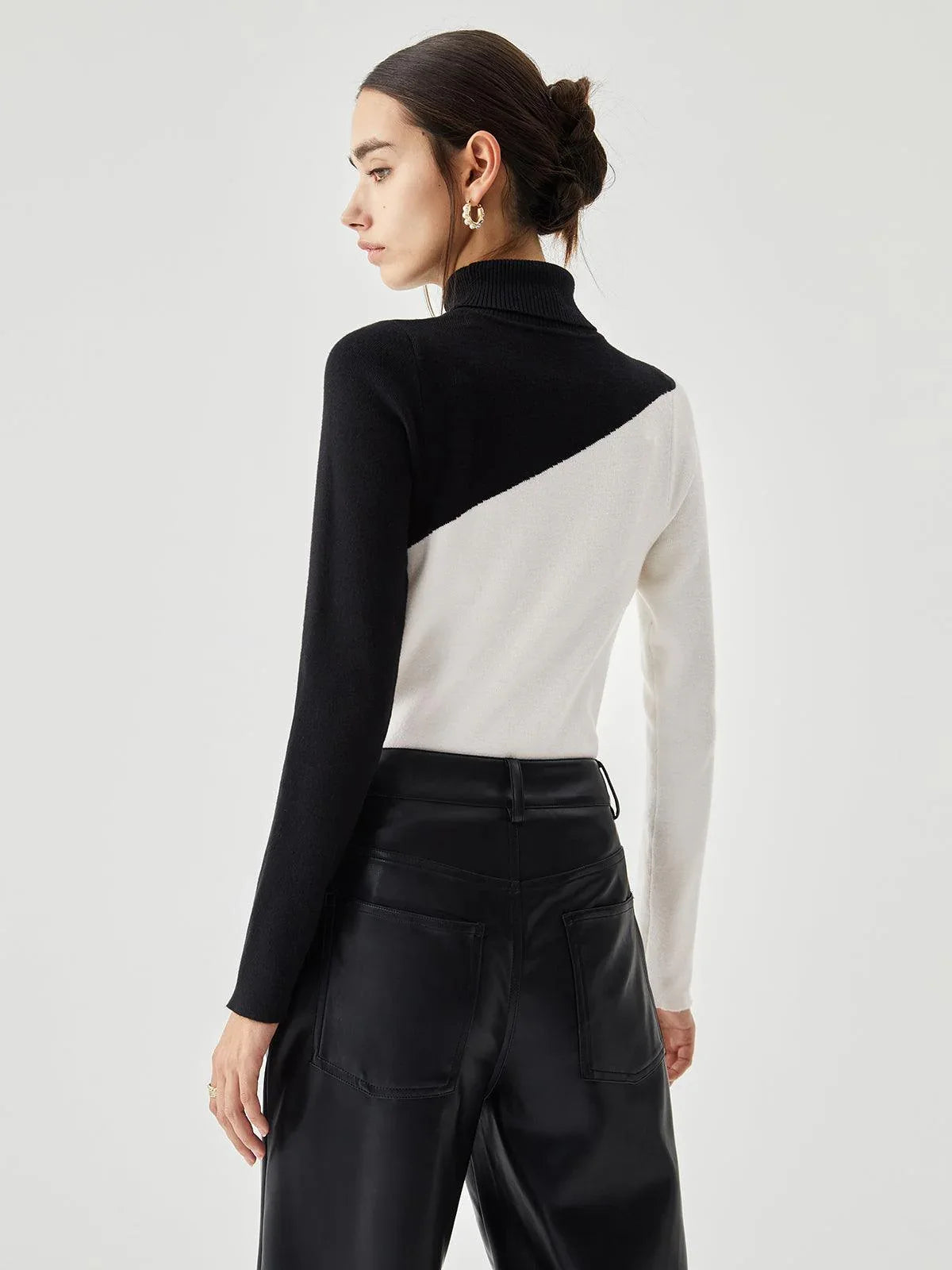 Asymmetric Patchwork Long Sleeve Mock Neck Knit Top - NuaVibe