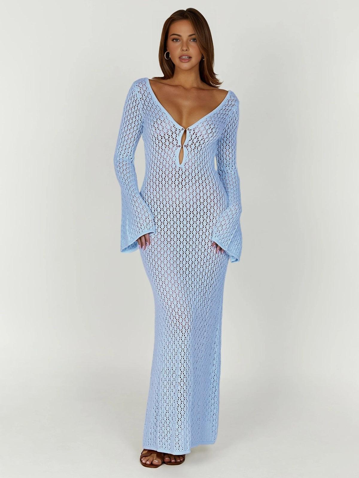 Cover Up Long Sleeve Open Back Long Dress - NuaVibe
