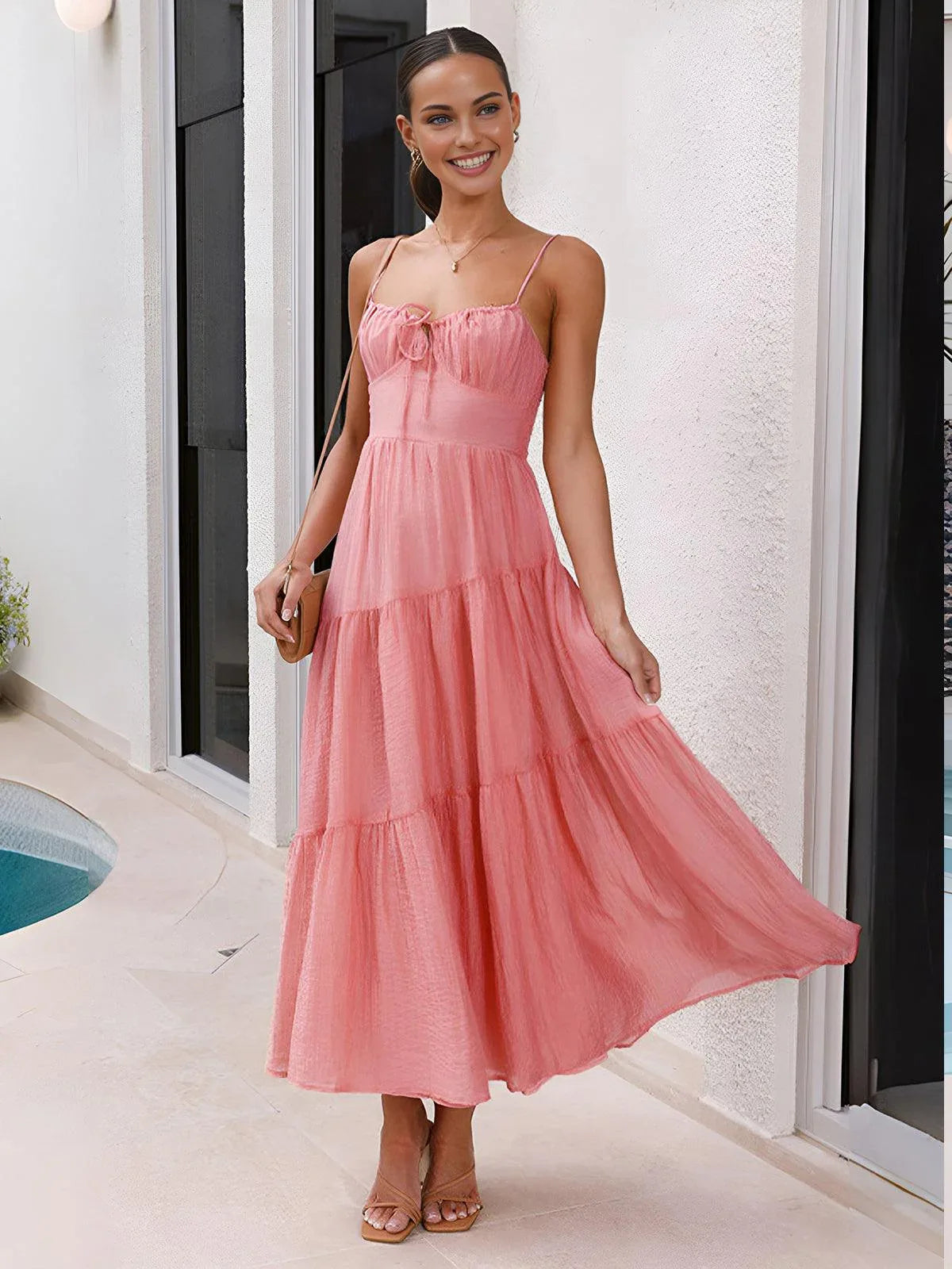 Back Smocking Design Tiered Cami Long Dress - NuaVibe