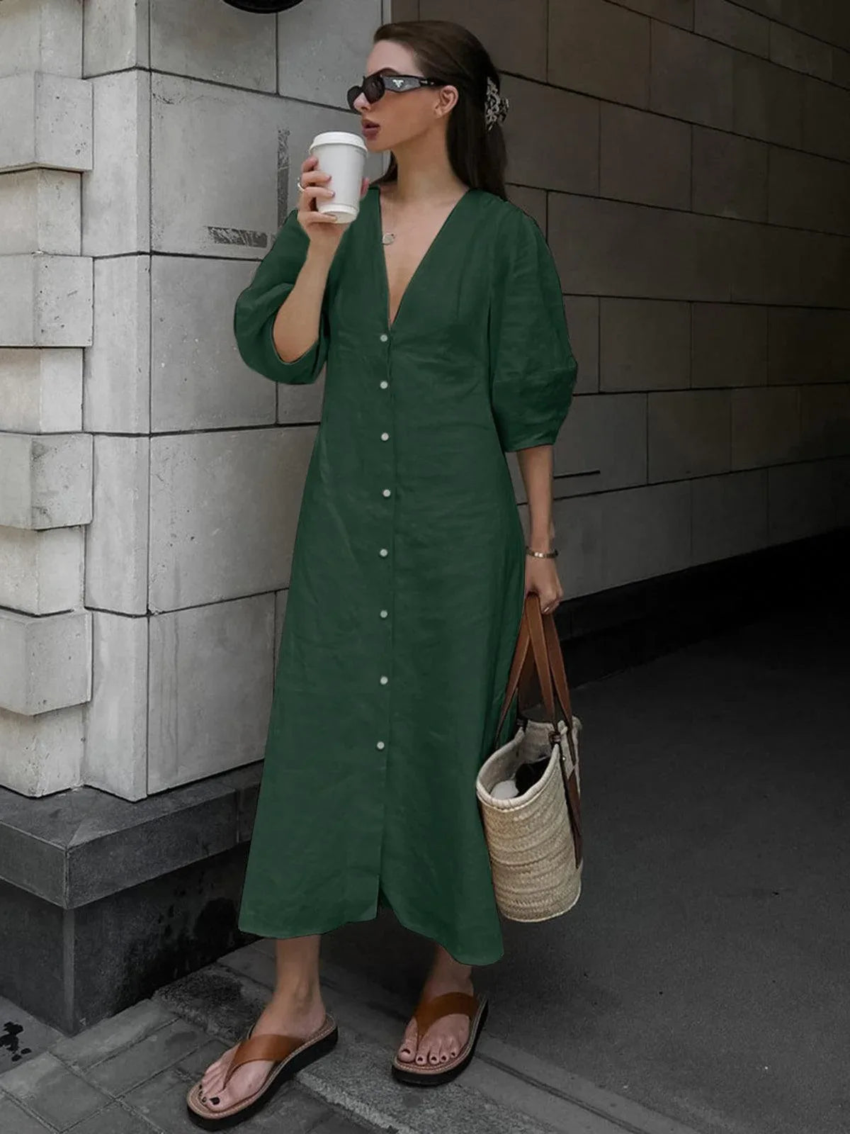 Cotton & Linen Button-Front Knotted Long Dress - NuaVibe
