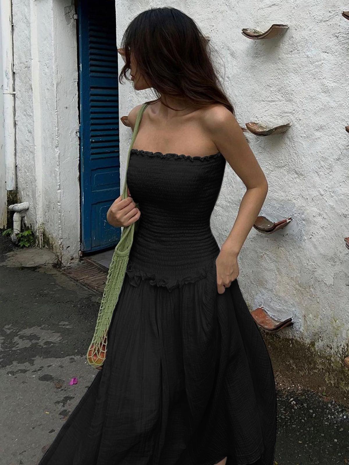 Cotton Blends Shirred Tube Long Dress - NuaVibe