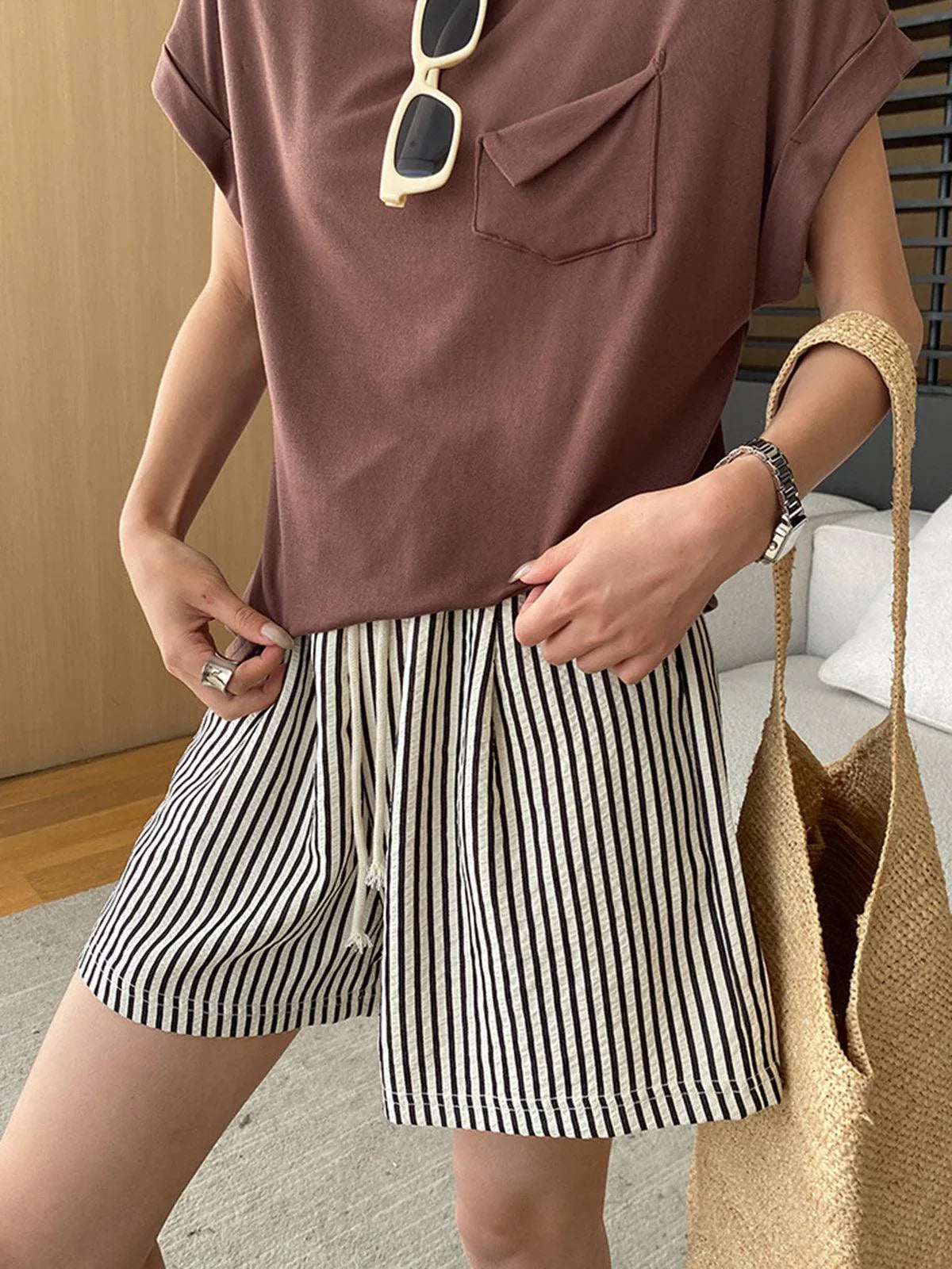 Pinstripe Drawstring Versatile Shorts - NuaVibe