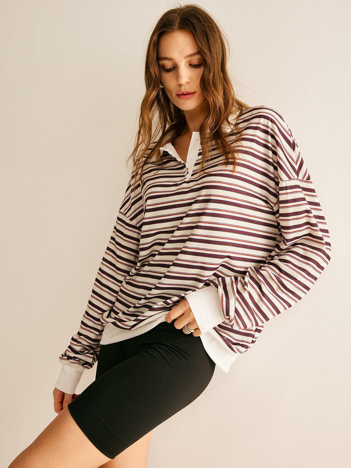Contrast Trim Striped Polo Sweatshirt - NuaVibe