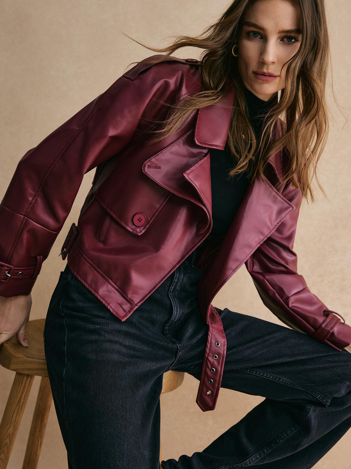 Buckle Design Belted PU Leather Jacket - NuaVibe