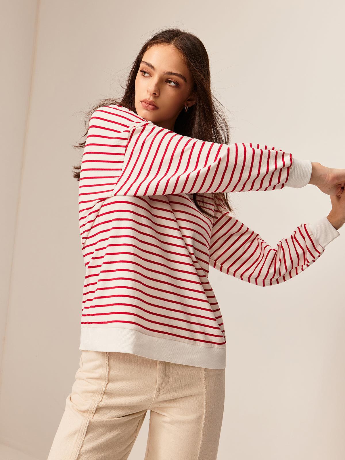 Contrast Trim Striped Sweatshirt - NuaVibe